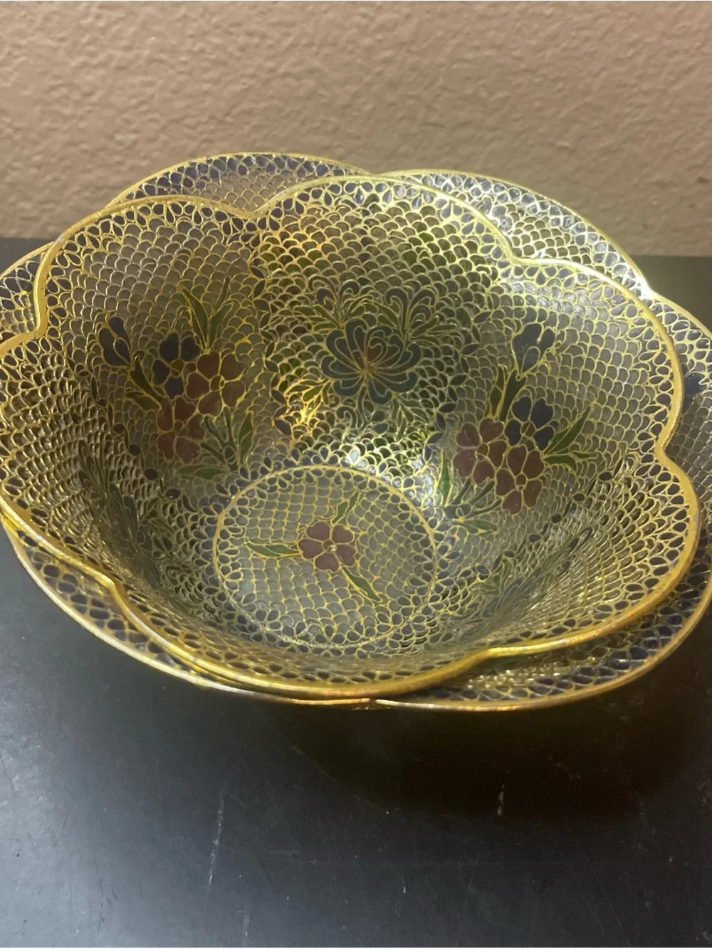 Pair of Gradient Size Plique-a-jour Cloisonné Enamel Scalopped Bowls LG 6” SM 5”